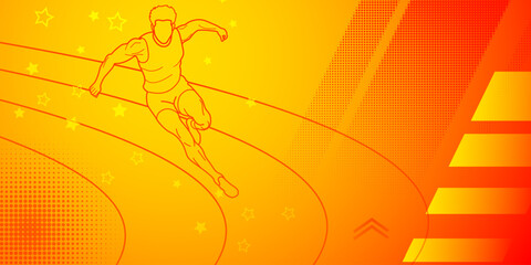 Runner themed background in yellow and red tones with abstract lines and dots, with sport symbols such as a male athlete and a running track