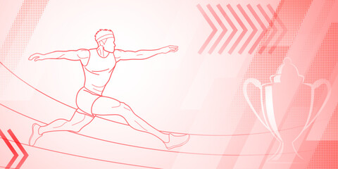 Long jumper themed background in pink tones with abstract lines and dots, with sport symbols such as a male athlete and a cup