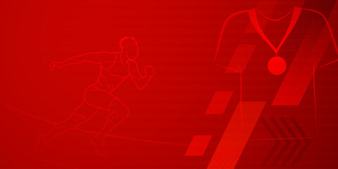 Runner themed background in red tones with abstract lines and dots, with sport symbols such as a male athlete and a medal