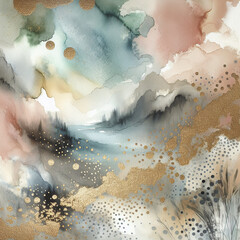 abstract boho watercolor organic neutral brown beige earth colors background with gold glitter 
