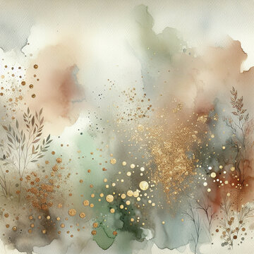 abstract boho watercolor organic neutral brown beige earth colors background with gold glitter 