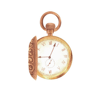 recommend clip art: Hand-drawn watercolor illustration. Monochrome antique pocket watch in ochre color. Retro pocket watch