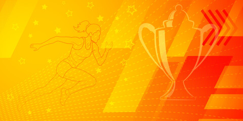 Runner themed background in yellow and red tones with abstract lines and dots, with sport symbols such as a female athlete and a cup