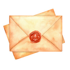 Hand-drawn watercolor illustration. A bundle of vintage envelopes with wax seal . Postal envelopes for letters. Retro paper envelopes. Craft paper. Monochrome clipart for scrapbooking, etc.