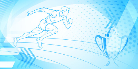 Runner themed background in light blue tones with abstract curves and dots, with sport symbols such as a male athlete, running track and a cup