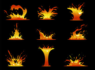 Lava splashes. Game effect. Dangerous liquid fire. Magma fountains. Hot volcano flows. Molten blobs. Fiery explosion. Volcanic eruption. Fluid flame blast. 2D design elements vector set