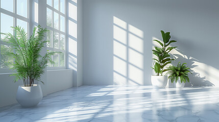 modern interior design: white space with green plants and large window allowing sunlight to flood in, casting soft shadows on the smooth walls