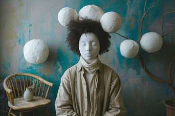 an unusual man or mannequin sits on a chair in a room with a painted wall and white balloons - obrazy, fototapety, plakaty