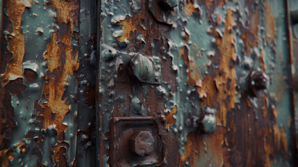 A close-up of a rusty, weathered metal door with peeling paint