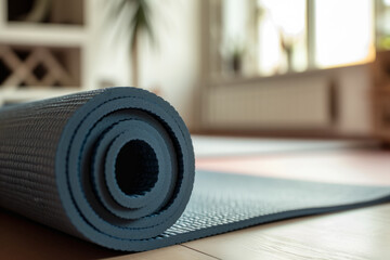 Blue rolled yoga mat laid on floor. Sport, yoga, pilates, fitness, useful beneficial habits, active lifestyle, exercises at home concept - obrazy, fototapety, plakaty