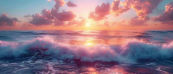 Poster soft pastel sunrise over a calm ocean, with gentle waves reflecting the warm colors of the morning sky © Irina