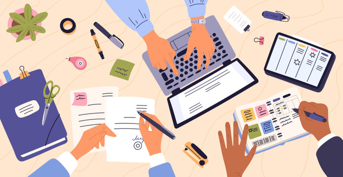 Business hands write and work with laptop. People in office draw up and sign documents. Desktop view from above. Employees planning job. Businessman workplace. Garish vector concept