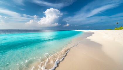 Fototapeta na wymiar Maldives Marvel: Sandy Beach, Turquoise Waters, and White Clouds