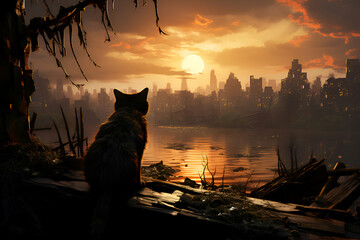 The cat sits on the lake and looking at the sunset.