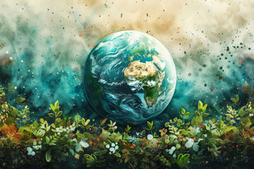 Obraz na płótnie Canvas Hand-drawn illustration dedicated to Earth Day. Banner with copy space. Environmental protection concept.