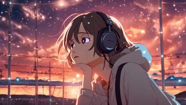 Lofi animation 3d cartoon character girl listening to music in animation style, anime girl animation, lofi girl music, relaxing mind, - Seamless loop animation, created using AI Generative Technology