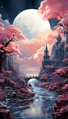 Fantasy landscape with castle. bridge and river.