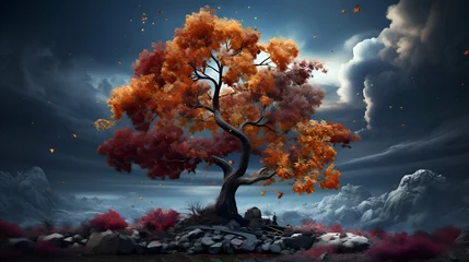 Gordijnen Fantasy landscape with an autumn tree. 3d render illustration. © Wazir Design