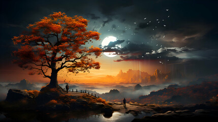 Fantasy landscape with a lonely tree in the middle of the night