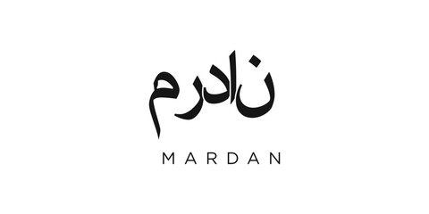 Mardan in the Pakistan emblem. The design features a geometric style, vector illustration with bold typography in a modern font. The graphic slogan lettering.
