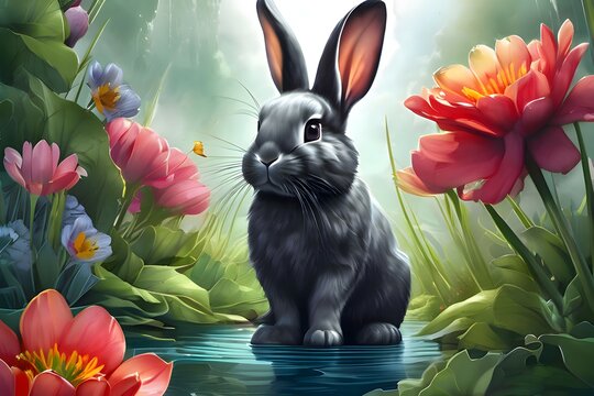 cute gray rabbit standing by a water pond surrounded by colorful flowers