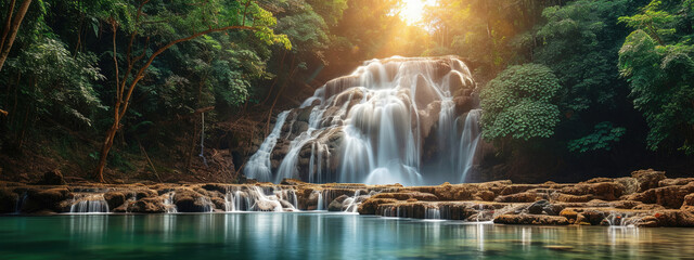 Panoramic beautiful deep forest waterfall in Thailand