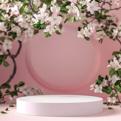 layout of an empty podium on a background of apple blossoms on a pink background