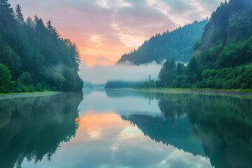 Fototapeta na wymiar Sunrise Serenity: A Mesmerizing Landscape of Misty River against Forest Backdrop at Dawn