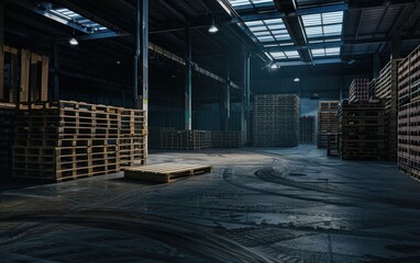 Warehouse with stacks of wooden pallets - obrazy, fototapety, plakaty
