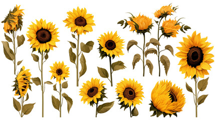 Watercolor sunflowers branch illustration set. Yellow summer flowers and green leaves branch, Floral elements