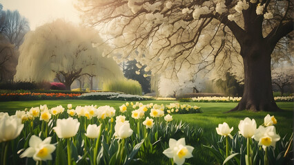 The tranquil scene captures the essence of spring with blossoming trees enveloped in a soft glow and tulips adding vibrant colors to the serene park