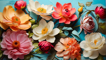 A close-up display of large, colorful flowers artistically arranged on a blue surface symbolizes spring