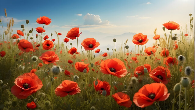 Majestic field of bright red poppies blossoming under the warm sunlight evoking the essence of spring