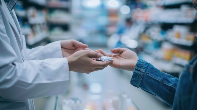 Close up hands of Handsome asian male selling pharmacist and female customer buying medicine in the pharmacy drugstore