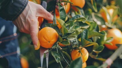 gardener hand picking an orange with scissor in the oranges field garden in the morning time. - obrazy, fototapety, plakaty