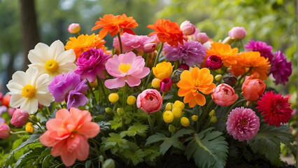 Fototapeta premium This vibrant image features a densely packed flowerbed, showcasing spring's full bloom and its rich colors
