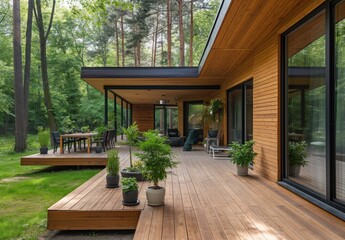 Stylish summer exterior concept with wooden cabin house in the forest. Generative AI
