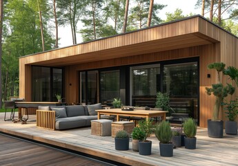 Stylish summer exterior concept with wooden cabin house in the forest. Generative AI - obrazy, fototapety, plakaty