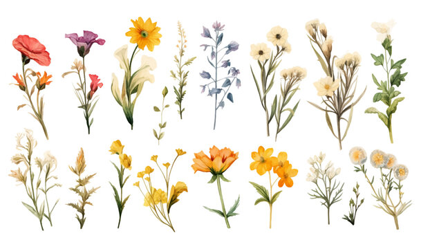 Set of floral elements watercolor oil painted. Flower and green leaves. Wedding, Floral poster, invite arrangements for greeting card or invitation design concept flowers