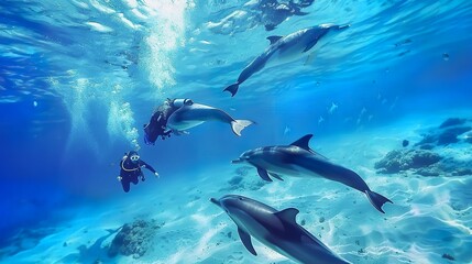 Obraz na płótnie Canvas divers swim with dolphins