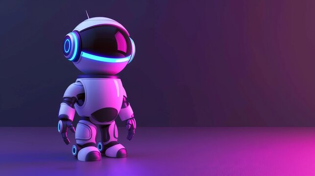 Sleek robot taking a confident stride in violet hues. copy space for text