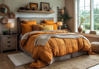 Bedroom interior concept with fabric bed and home decor. Classic interior design. Generative AI