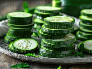 Foto op Plexiglas gray wooden background, stacks of fresh zucchini slices are artfully arranged on a plate. The vibrant green hues of the zucchini pop against the muted backdrop, creating a visually appealing contrast. ©  Photography Magic