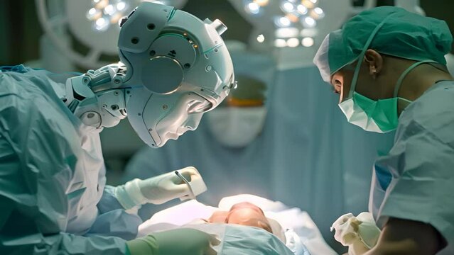 High-tech medical facility with robotic surgeons performing a complex operation, futuristic medical equipment