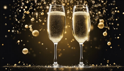 Two champagne glasses clinking with golden bubbles on black background. New Year celebration concept. Abstract illustration.