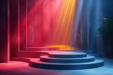 Stage with spotlight. Abstract scene with round podium, neon light and smoke.