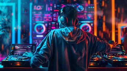 Young DJ enjoys the festival atmosphere, surrounded by neon lights and music. He celebrates the summer nightlife with joy.