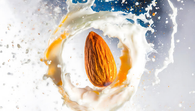 Visual Representation of the Moment a Falling Almond Collides with Water and Milk, Transformed into an Artistic Scene. Slices and Splashes.