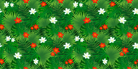 Tropical flowers seamless pattern. Hawaii blooming vector repeated banner. Amazon rainforest foliage template background. Summer and spring floral wallpaper with jungle tropic palm leaf, hibiskus. © nataliesezam