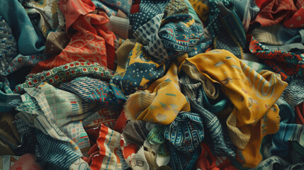 A pile of colorful, patterned fabric scraps, ready to be used for sewing projects